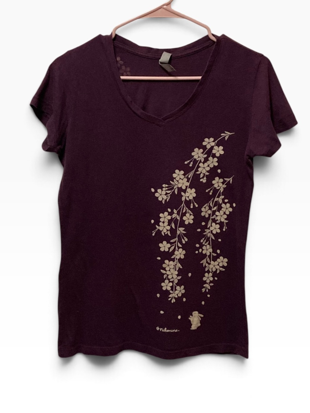 Y2K Cherry Blossom Turtle Women's V-Neck Floral Tee in Deep Plum - Next Level